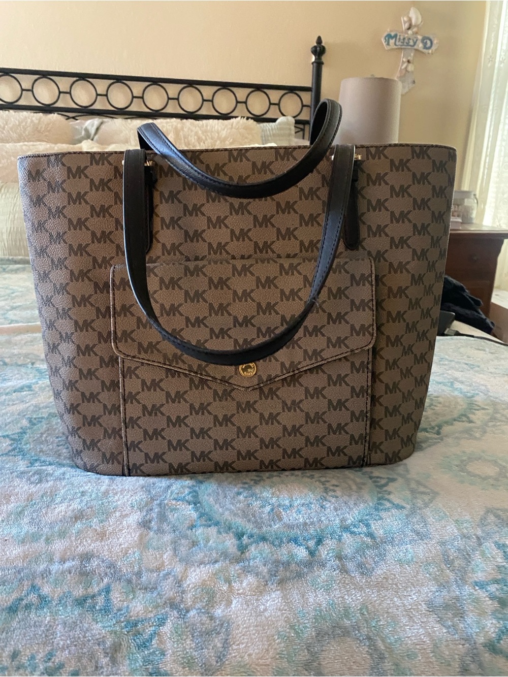 Michael Kors Brown MK Monogram Tote with Black Handles